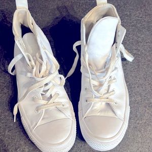 All white- Leather - converse.  Size 9 or 7 men’s.